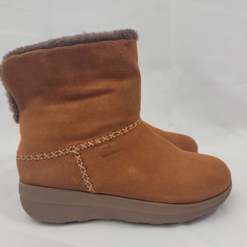 FITFLOP Womens Boots Sz 7 Mukluk Shorty III Chestnut BROWN Suede Fur Lined